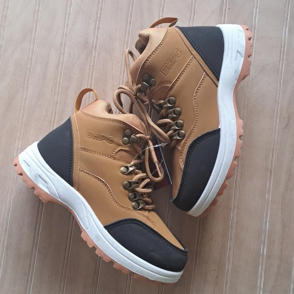 NWT Beverly Hills Polo Club Youth Causal Brown Blk Leather Lace-Up Hiking Boots - Picture 6 of 13